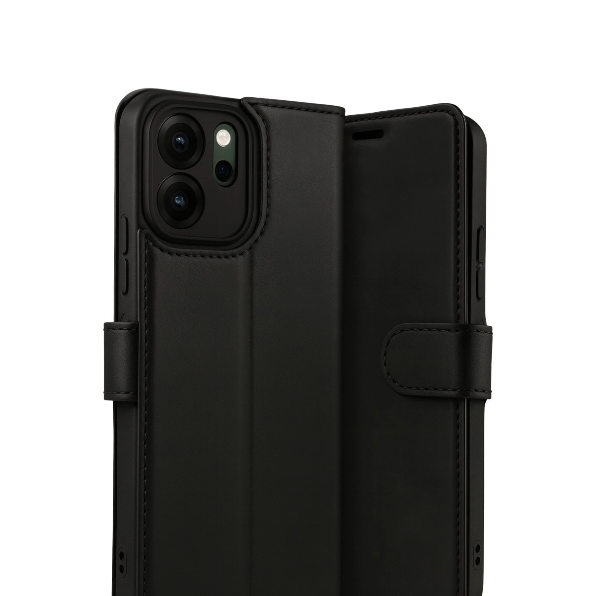 Arkada üç kamera lensi bulunan siyah telefon kılıfı.