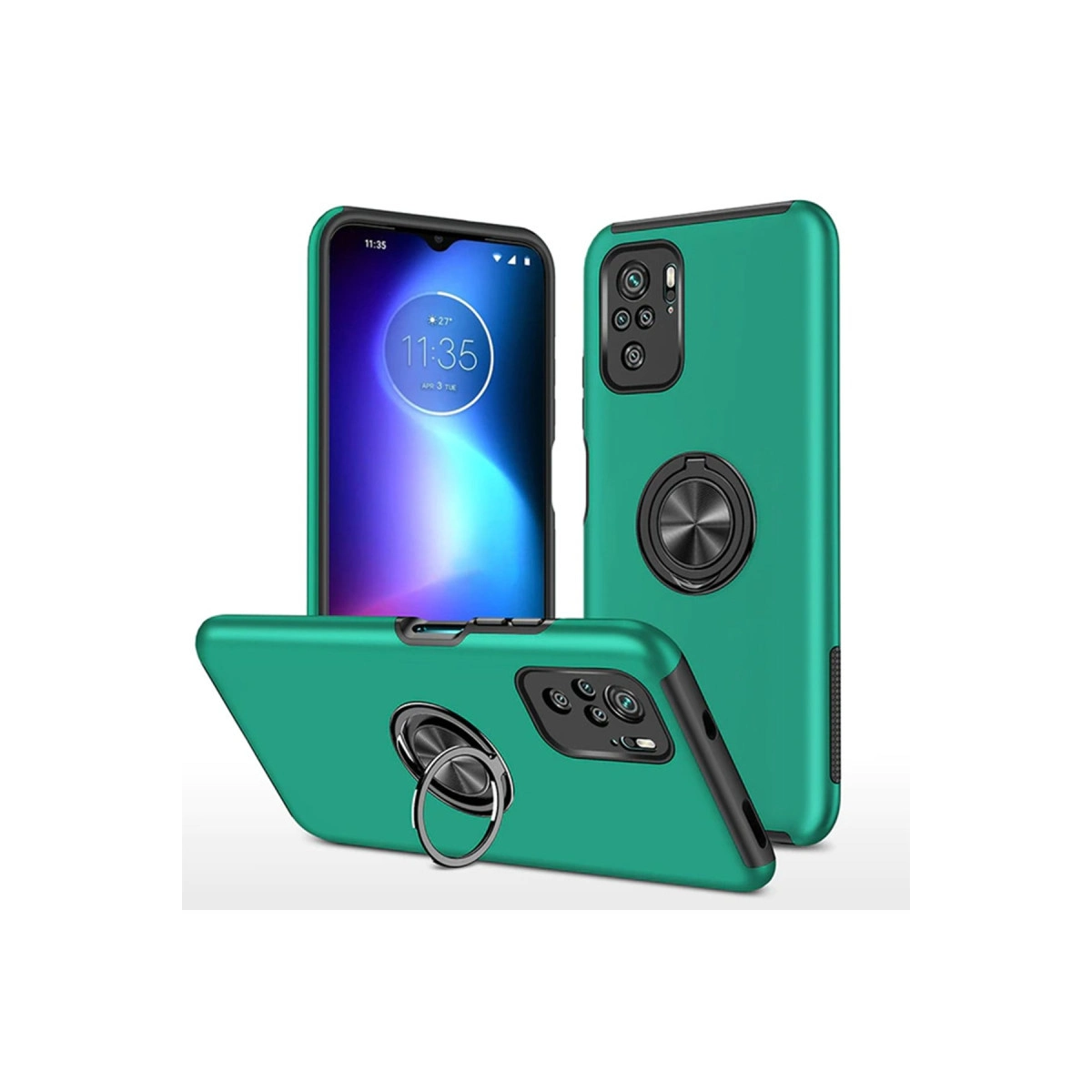 Halka tutuculu üç turkuaz telefon kılıfı, biri ekranını gösteriyor.
