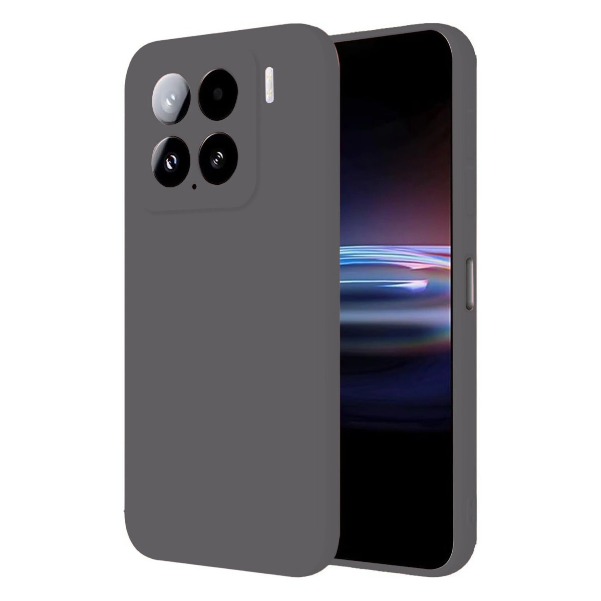 Dört kamera lensli ve flaşlı gri telefon kılıfı.