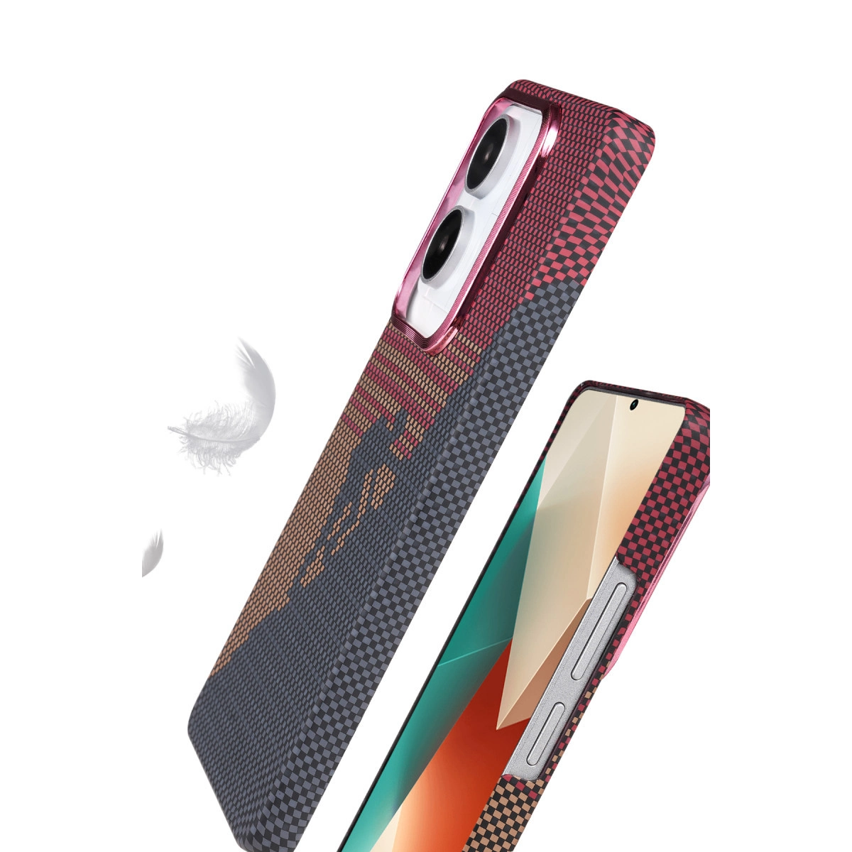 Kareli kılıflı, iki kameralı telefon. Yakınlarda tüyler süzülüyor.