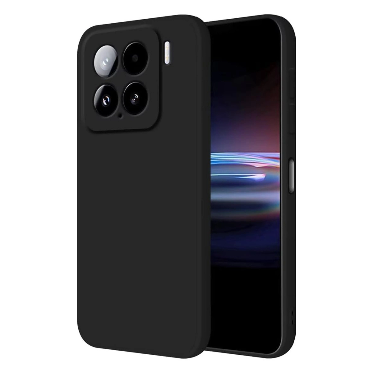 Dört arka kamerası ve ekranın bir kısmı görünen siyah telefon kılıfı.