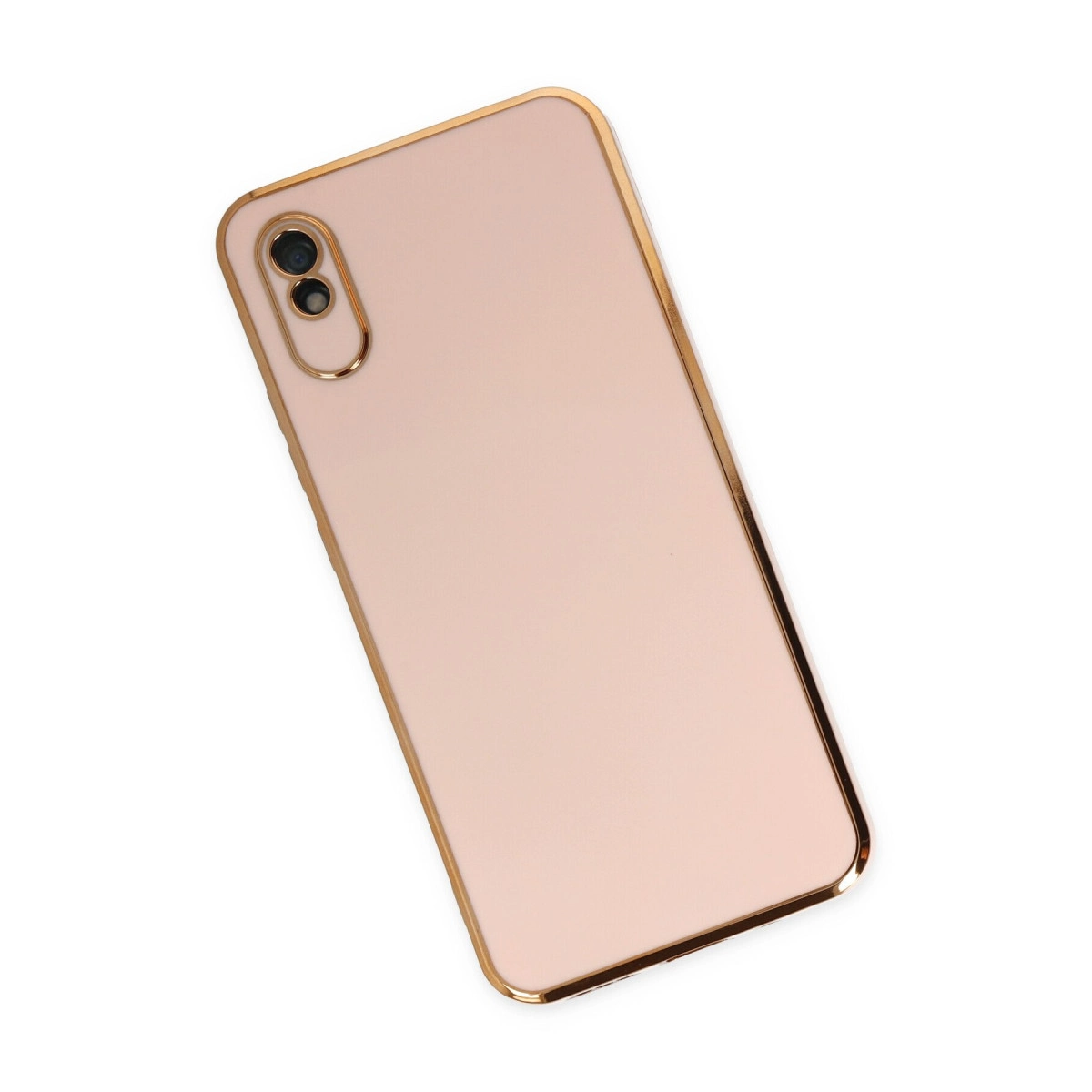 Altın çerçeveli ve iki kameralı, beyaz zeminde pembe altın rengi akıllı telefon.
