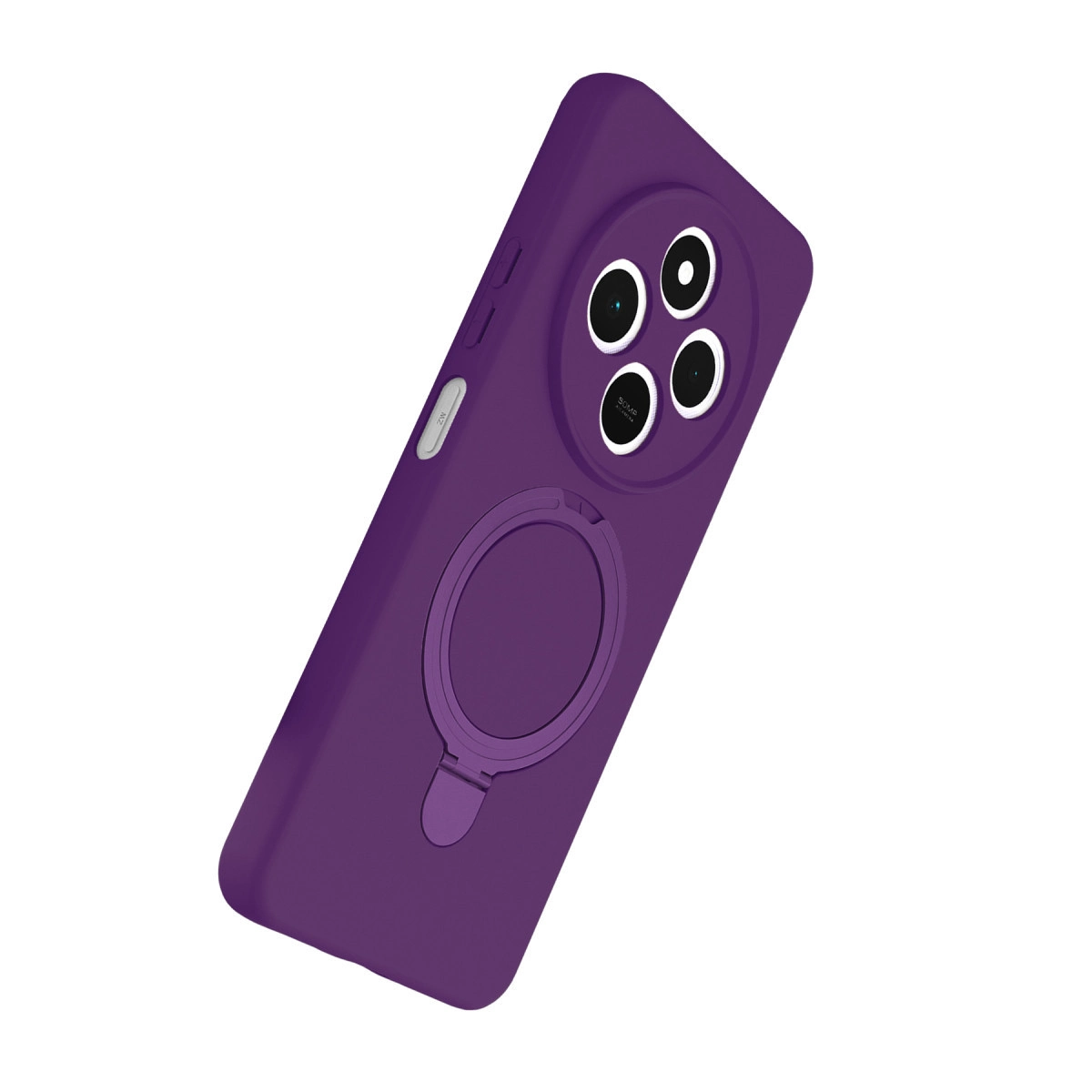 Dört kameralı, arkasında halka tutuculu mor telefon kılıfı.