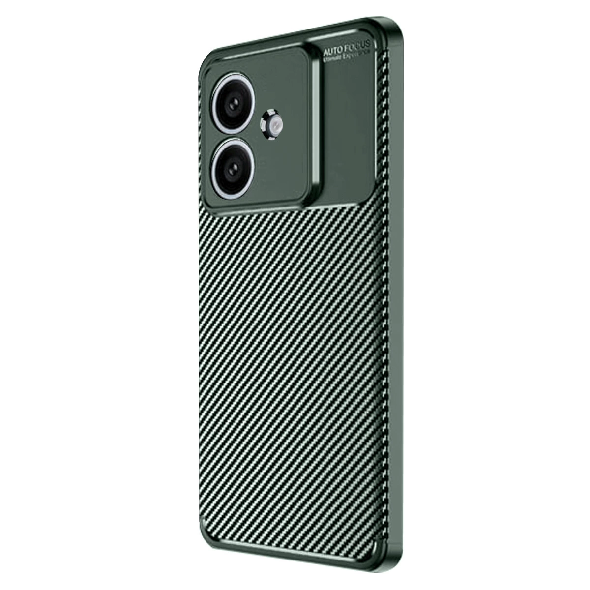 Karbon fiber desenli ve belirgin kamera modüllü koyu yeşil telefon kılıfı.