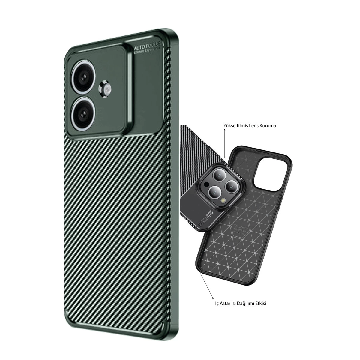 Karbon fiber desenli ve kamera bloklu koyu yeşil telefon kılıfı.