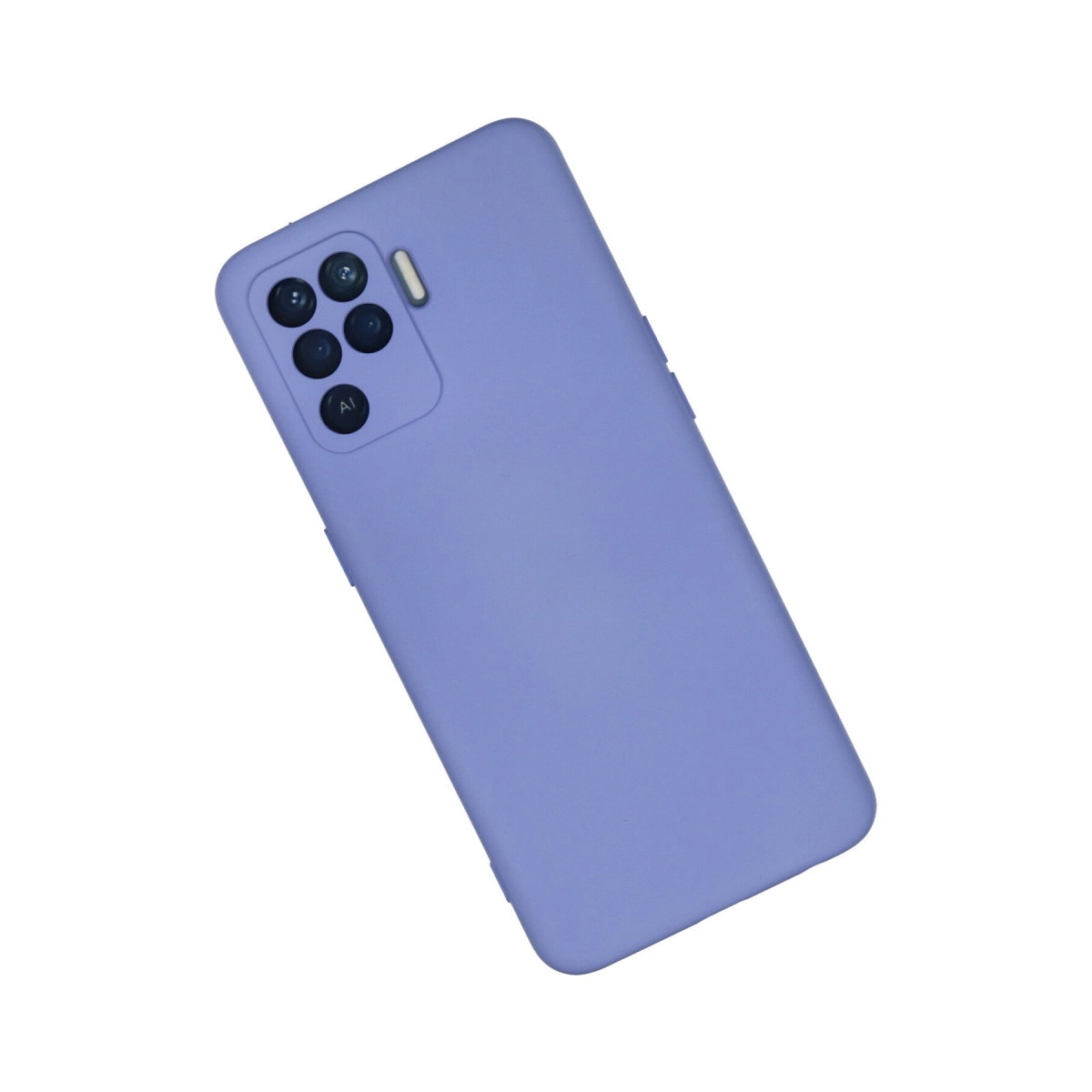 Arkada dörtlü kamera kurulumu ve yapay zeka işaretli mor telefon kılıfı.