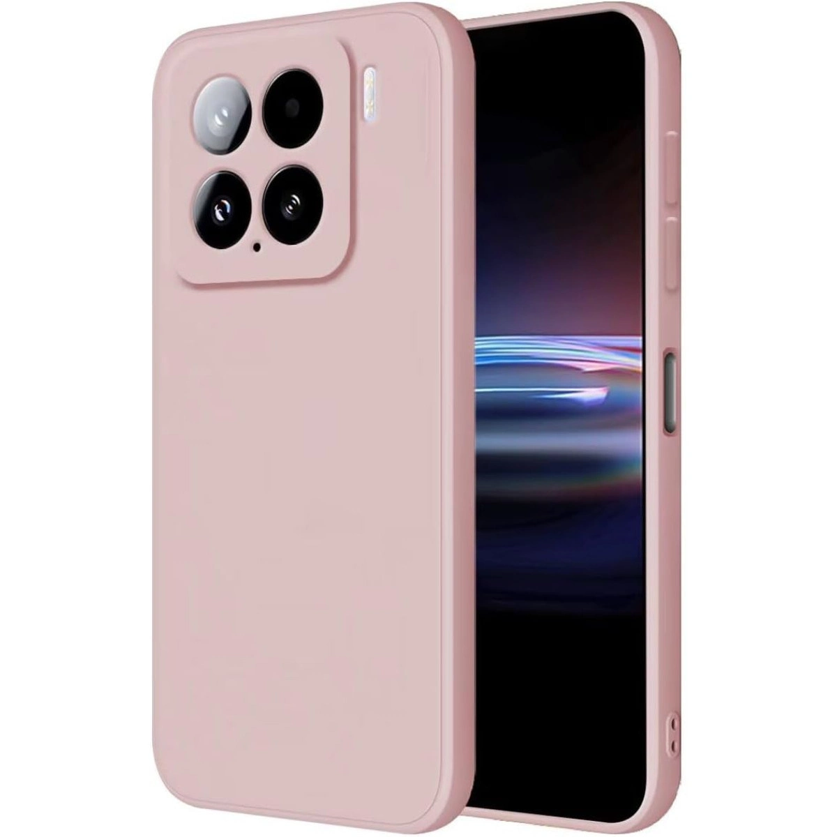 Arkada dört kamerası olan tozlu pembe telefon kılıfı.