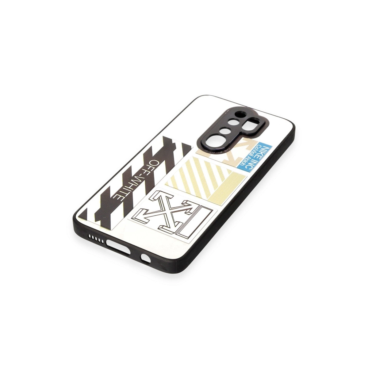 Siyah ve sarı çizgili ve logolu beyaz telefon kılıfı.