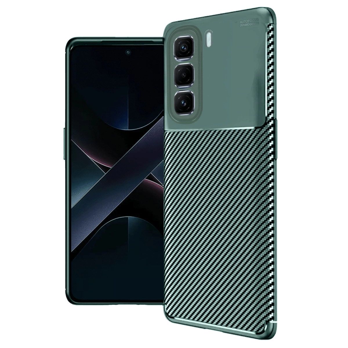 Kamera çıkıntılı ve karbon fiber arka kapaklı yeşil akıllı telefon.