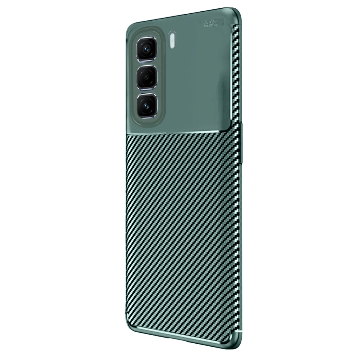 Karbon desenli yeşil akıllı telefonun arkası, üç kamerası var.