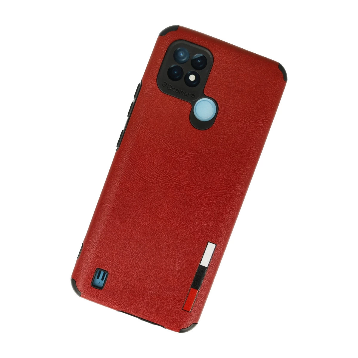 Siyah çerçeveli ve kamera modüllü kırmızı telefon kılıfı. Altta beyaz vurgular.