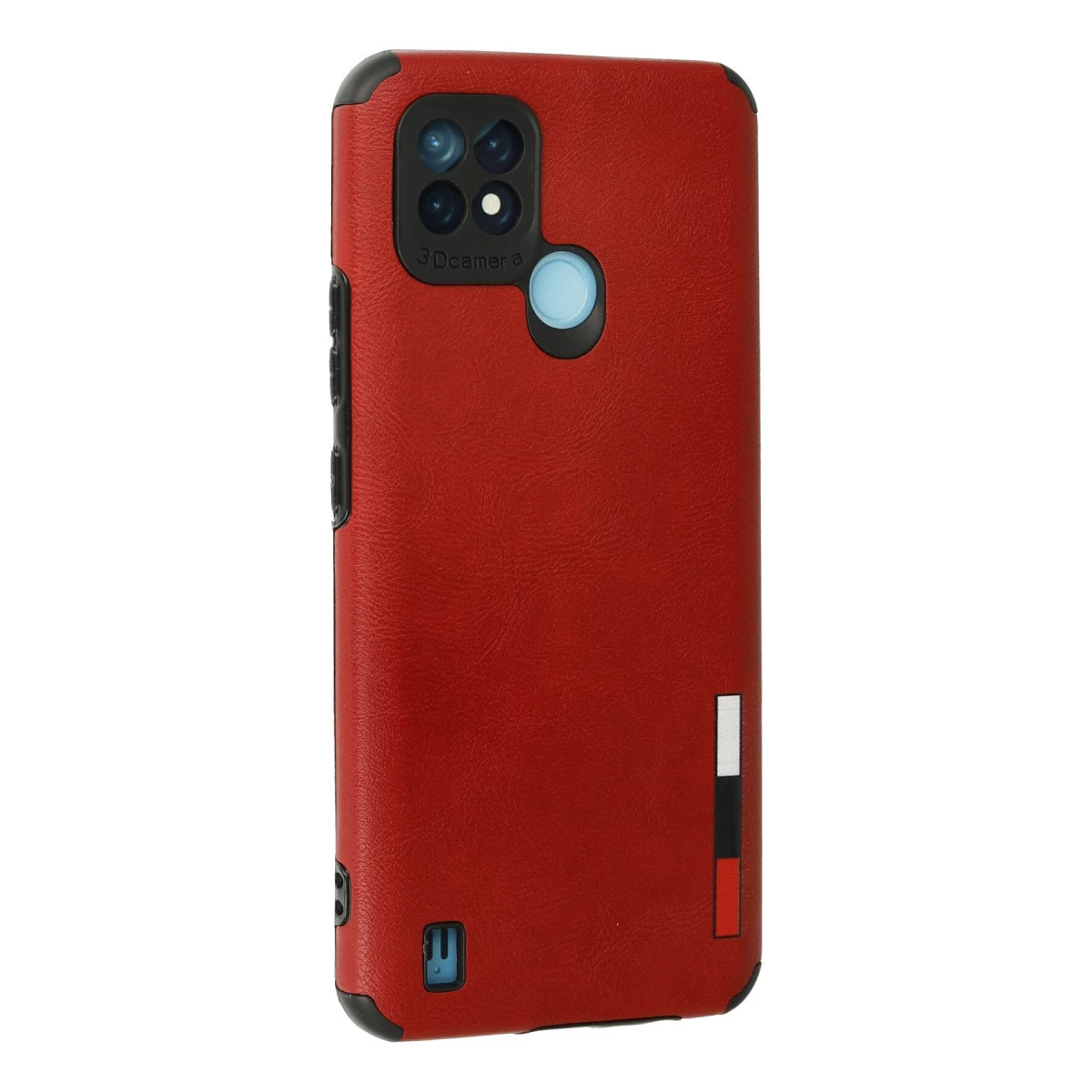 Kamera modülü ve mavi düğmeli kırmızı telefon kılıfı.