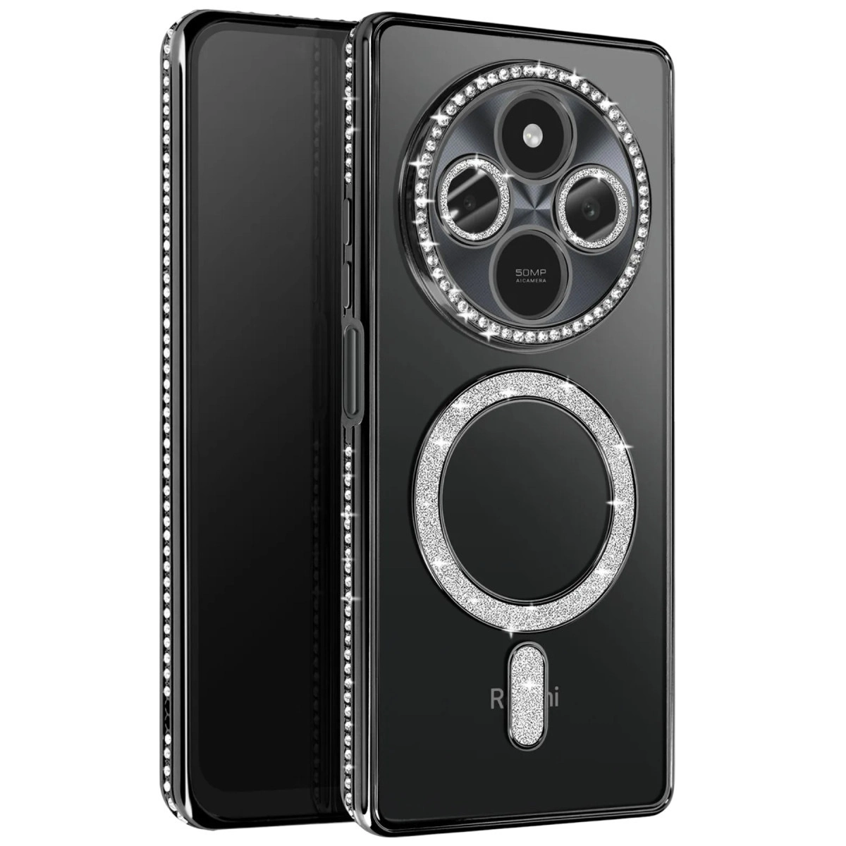 NEWFACE Xiaomi Redmi 14C Uyumlu Joke Simli Magneticsafe Telefon Kılıfı Siyah