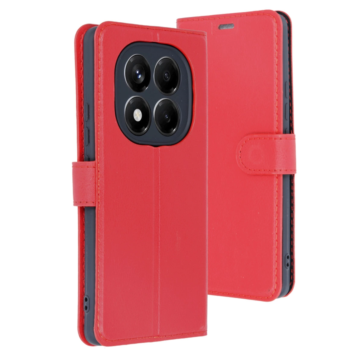 Arkada dört kamera lensli kırmızı telefon kılıfı.