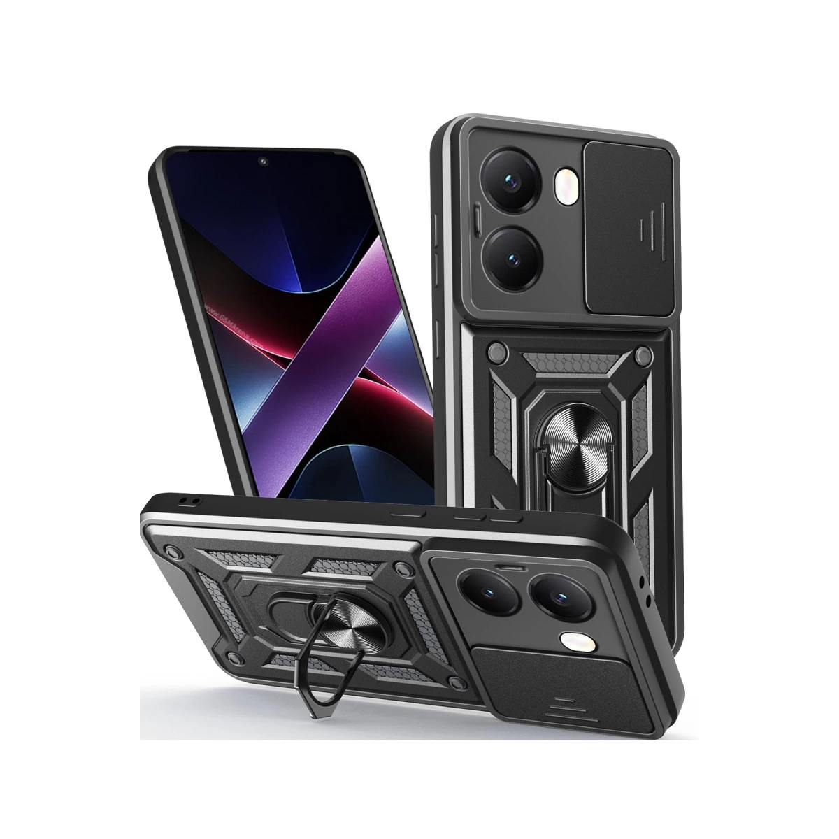 Kameralı ve stantlı üç siyah telefon kılıfı.