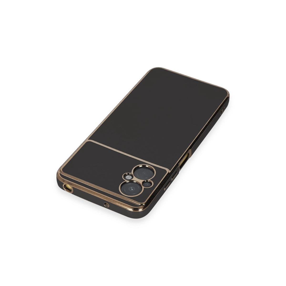 Altın kenarlı ve kamera modüllü siyah telefon beyaz arka planda.