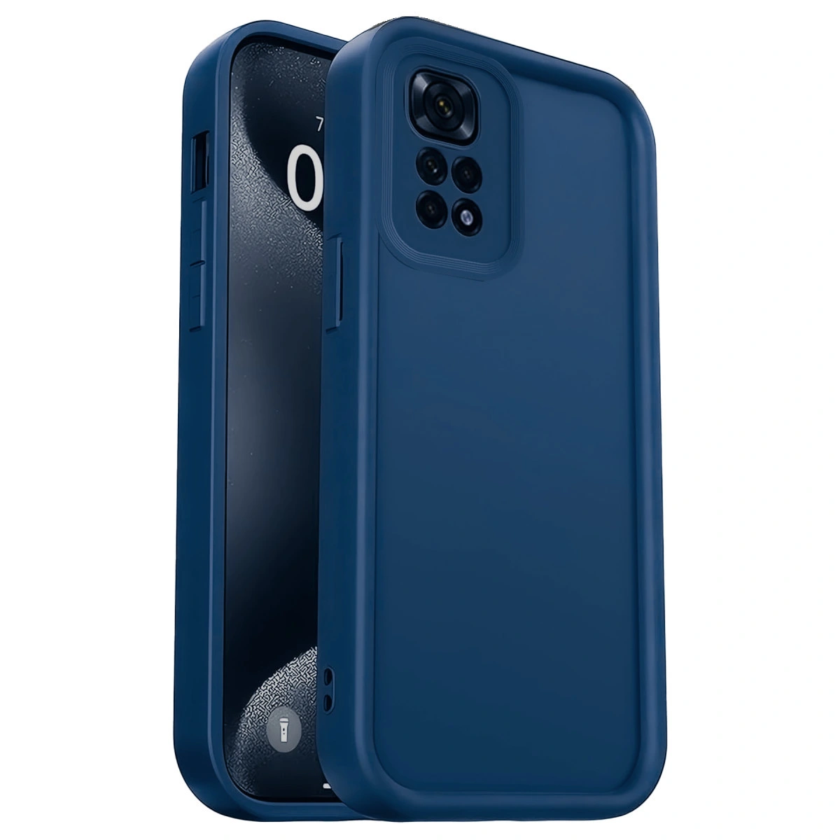 Kamera kesimli lacivert telefon kılıfı beyaz zeminde gösterilmektedir.