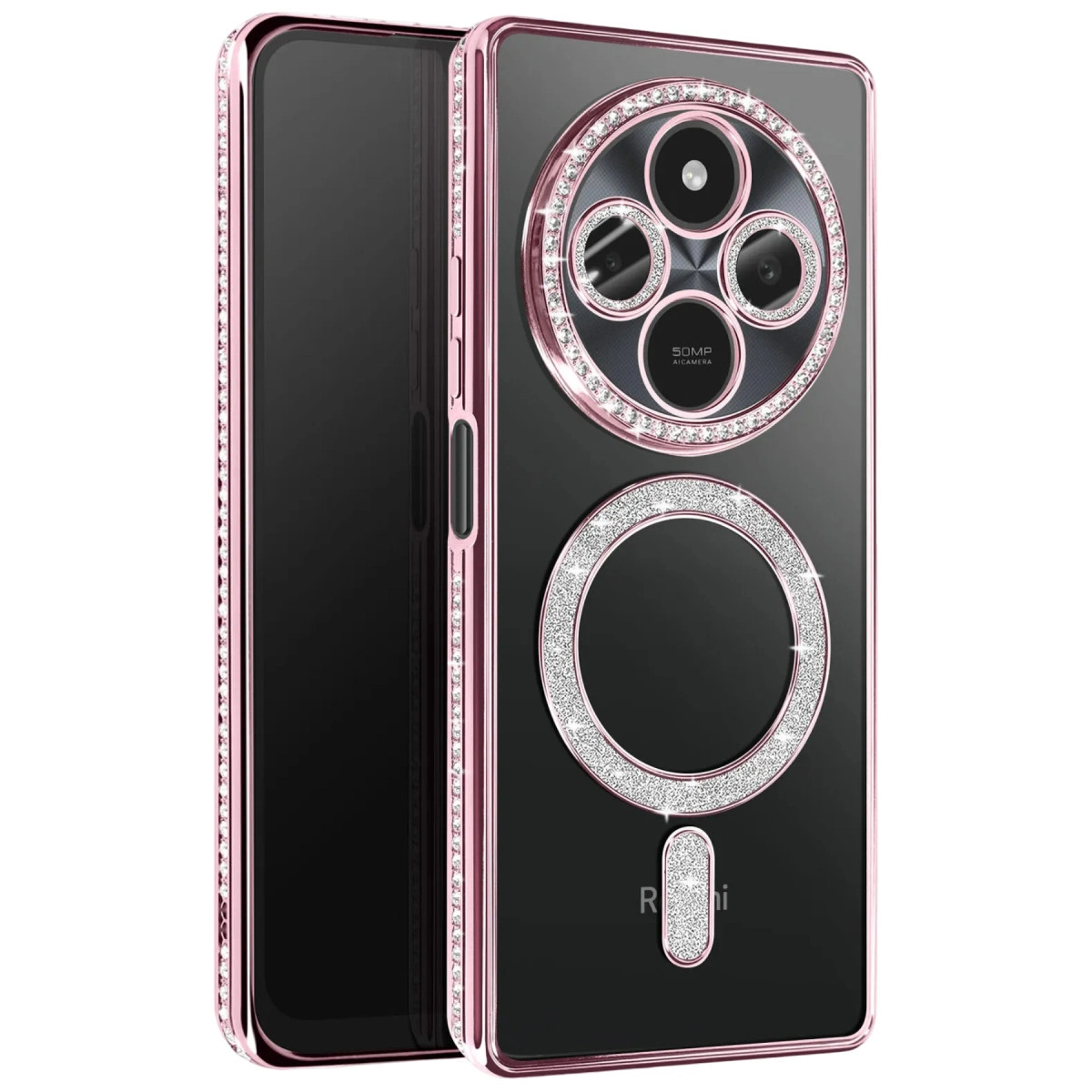 NEWFACE Xiaomi Redmi 14C Uyumlu Joke Simli Magneticsafe Telefon Kılıfı Pembe