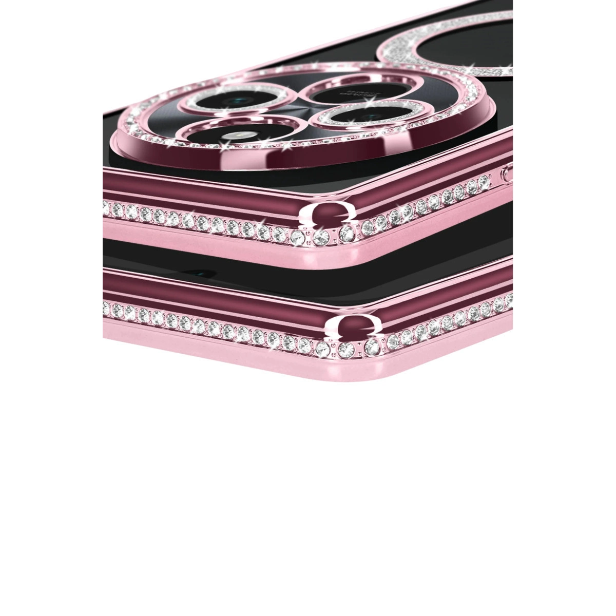 Elmas ve kamera kesimli pembe telefon kılıfı.