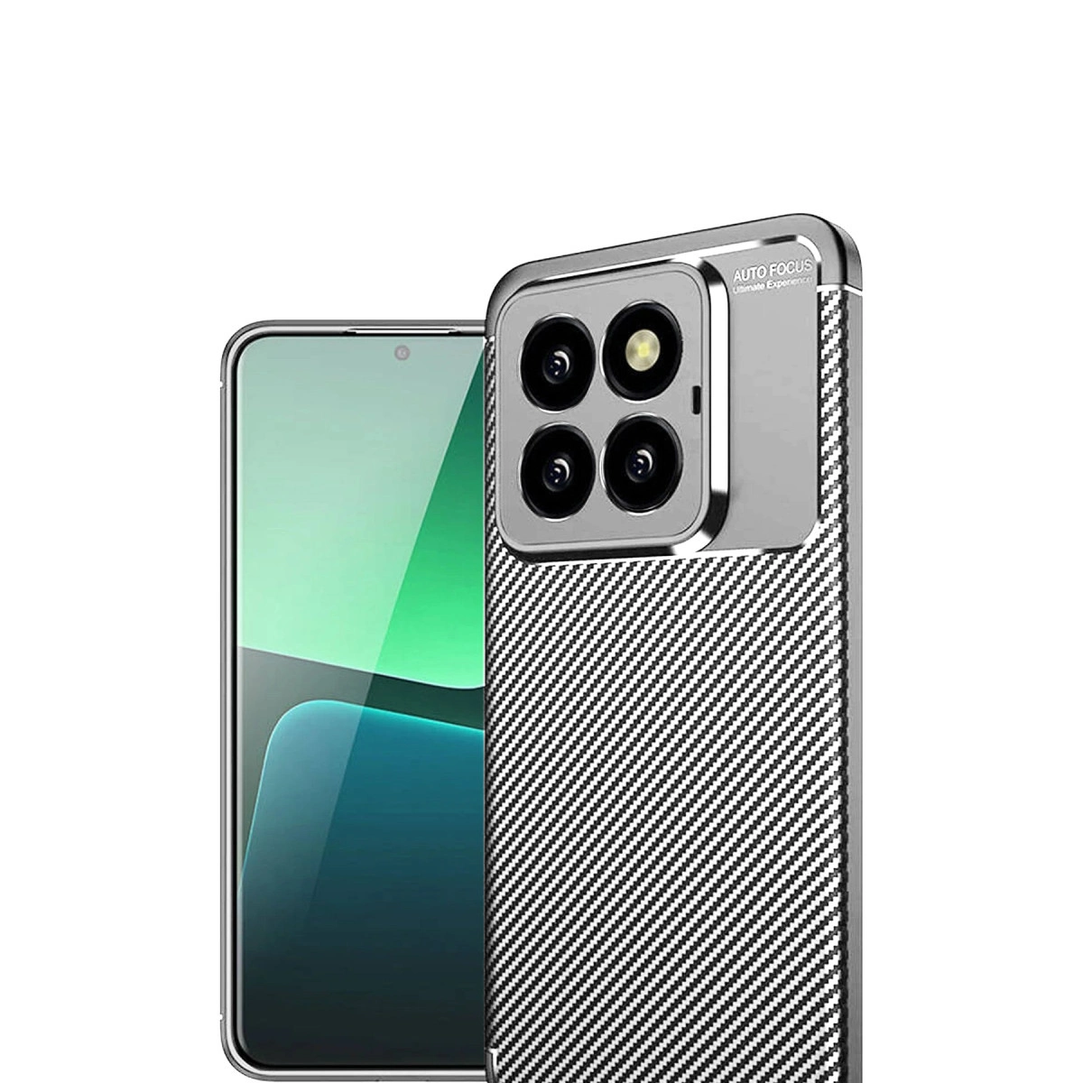 Siyah karbon fiber arka ve dört kameraya sahip bir akıllı telefon.