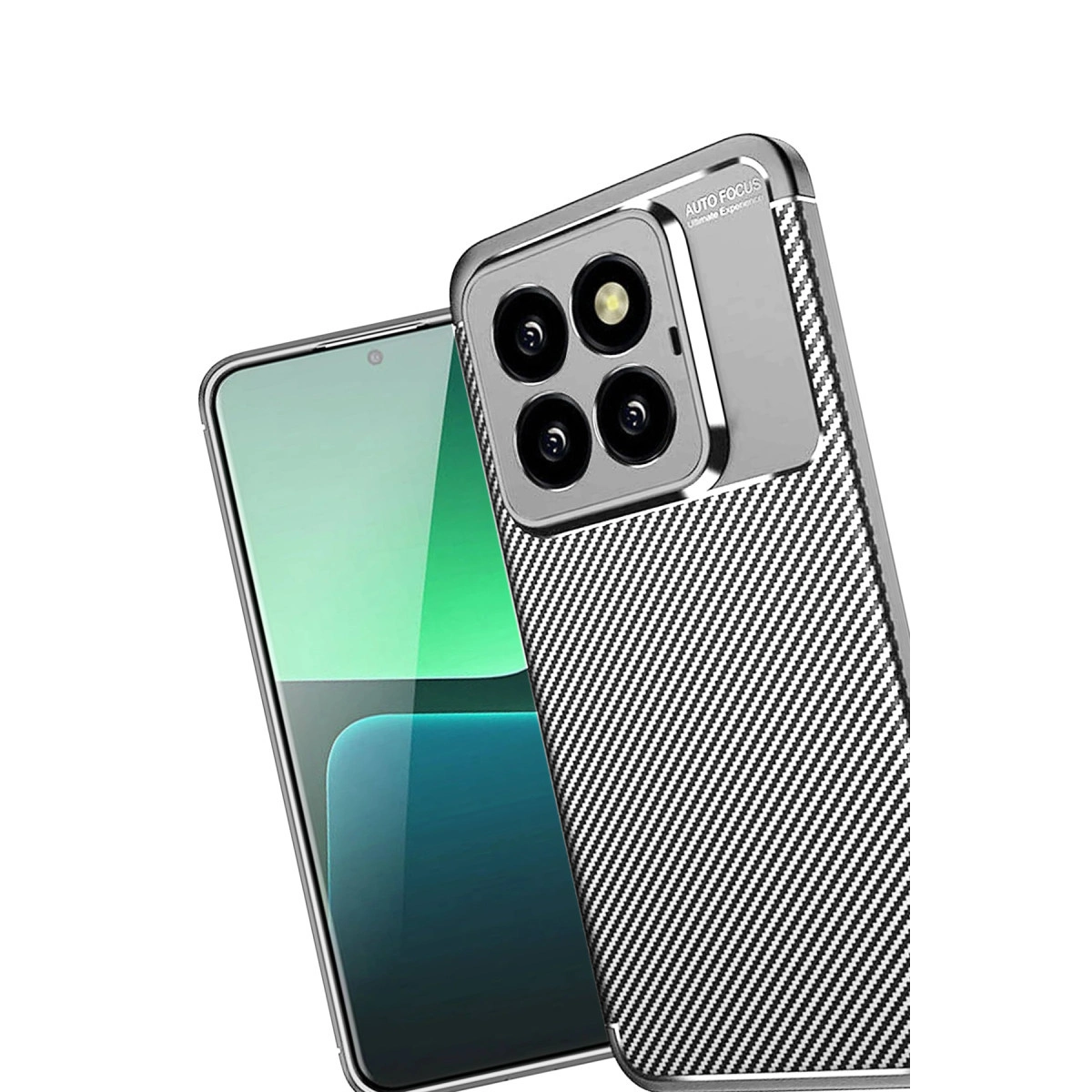 Dörtlü kamera kurulumuna sahip karbon fiber kılıflı bir akıllı telefon.