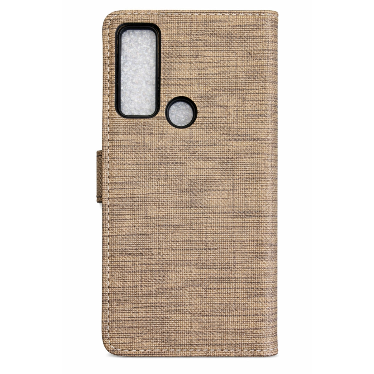Kamera ve lens kesimli, bej renkli, dokulu telefon kılıfı.