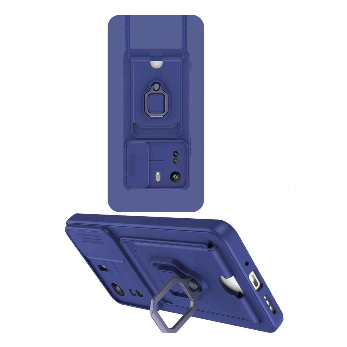 Standlı, askılı ve kamera kapaklı mor telefon kılıfı.