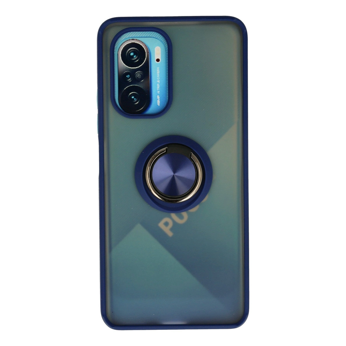 Beyaz arka plan üzerinde üçlü kamerası ve gümüş halka tutucusu olan mavi telefon kılıfı.