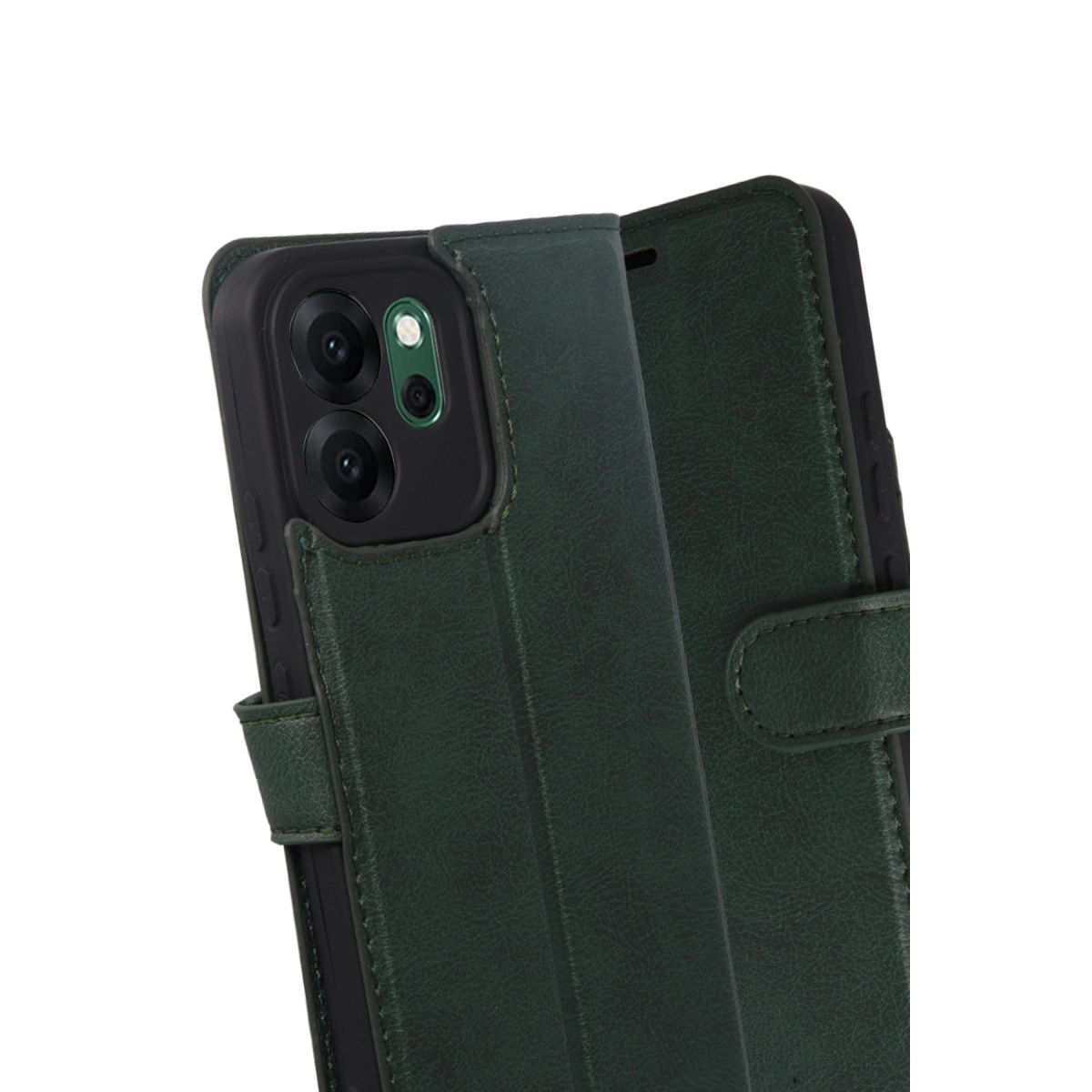 Koyu yeşil kapaklı telefon kılıfı, kamera kesimi ve kayışlı kapatma.
