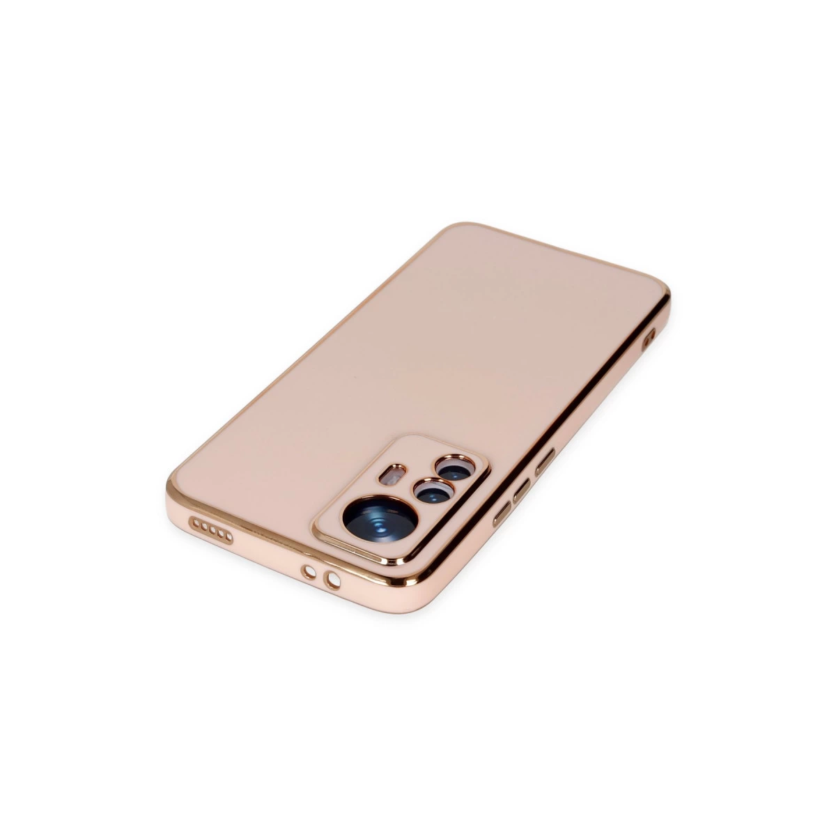 Arkada kamera lensleri olan, beyaz zeminde pembe altın telefon kılıfı.