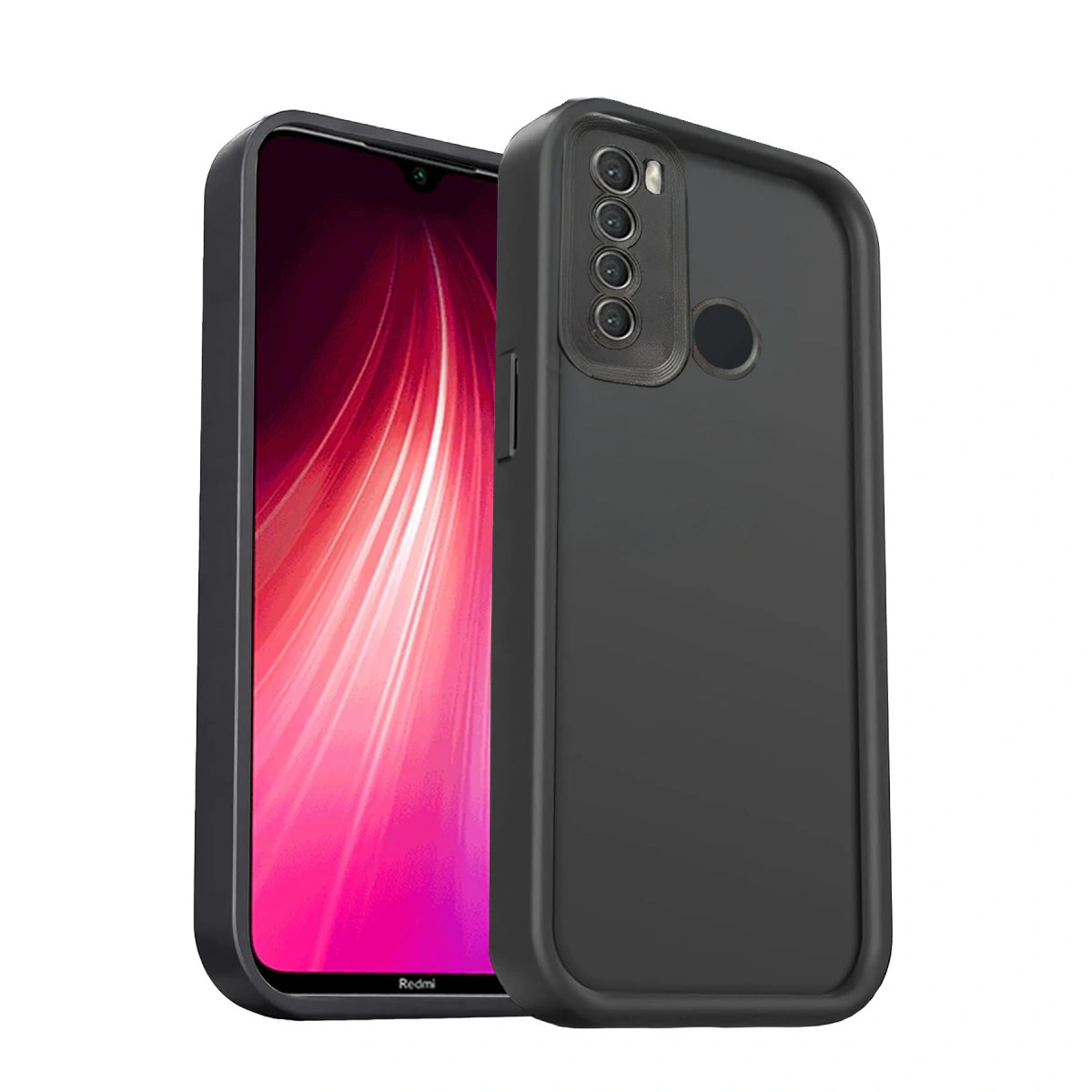 Dört kameralı ve parmak izi sensörlü siyah akıllı telefon koruyucu kılıfta.