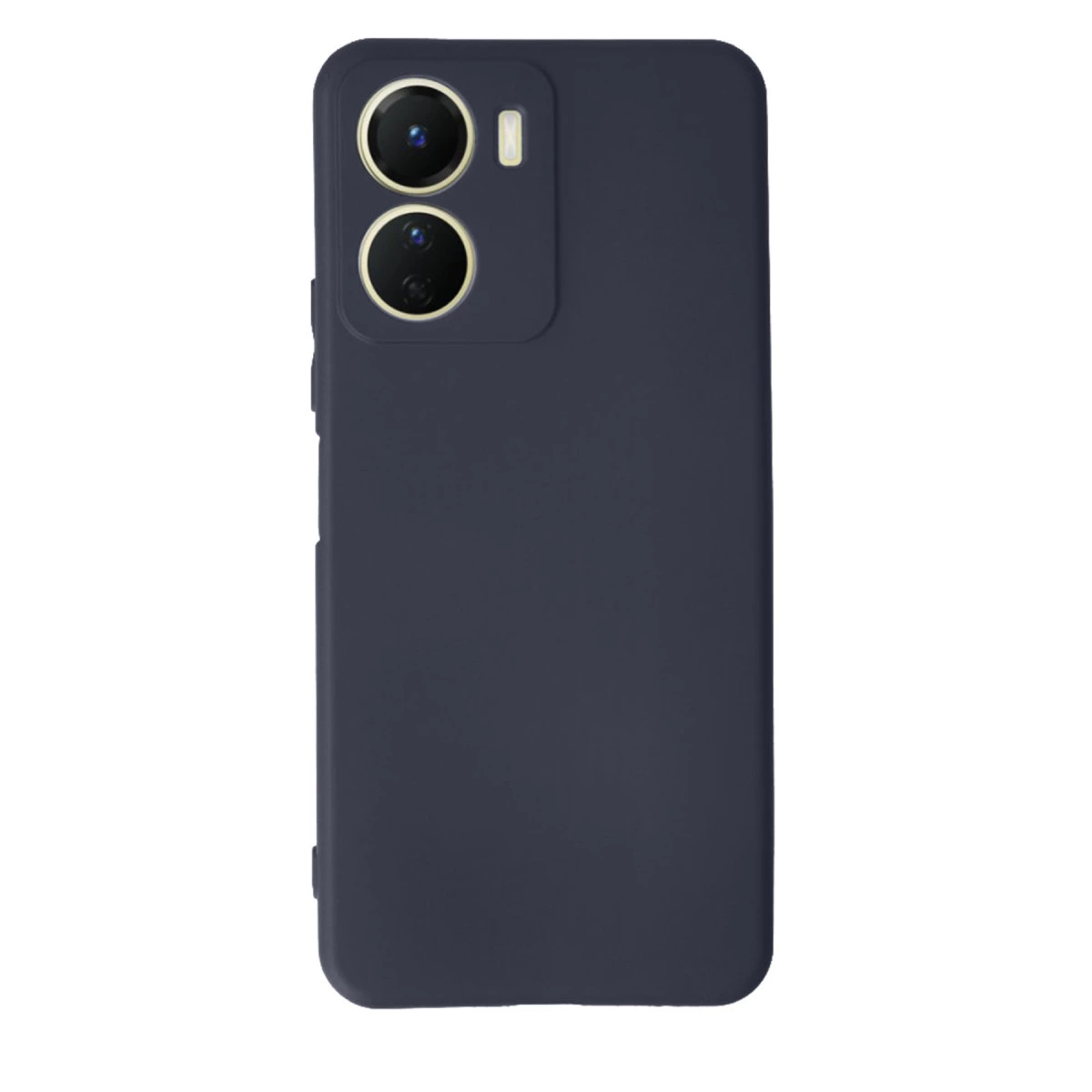 Koyu mavi telefon kılıfı, çift kamera lensi ve flaş kesimi.