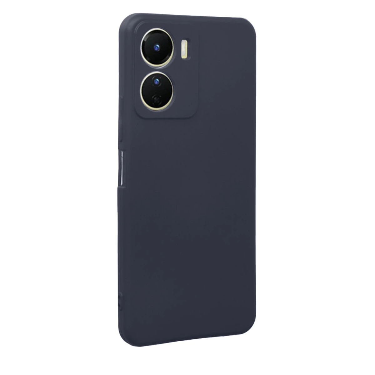 Arkada iki kamera ve flaş bulunan lacivert telefon kılıfı.