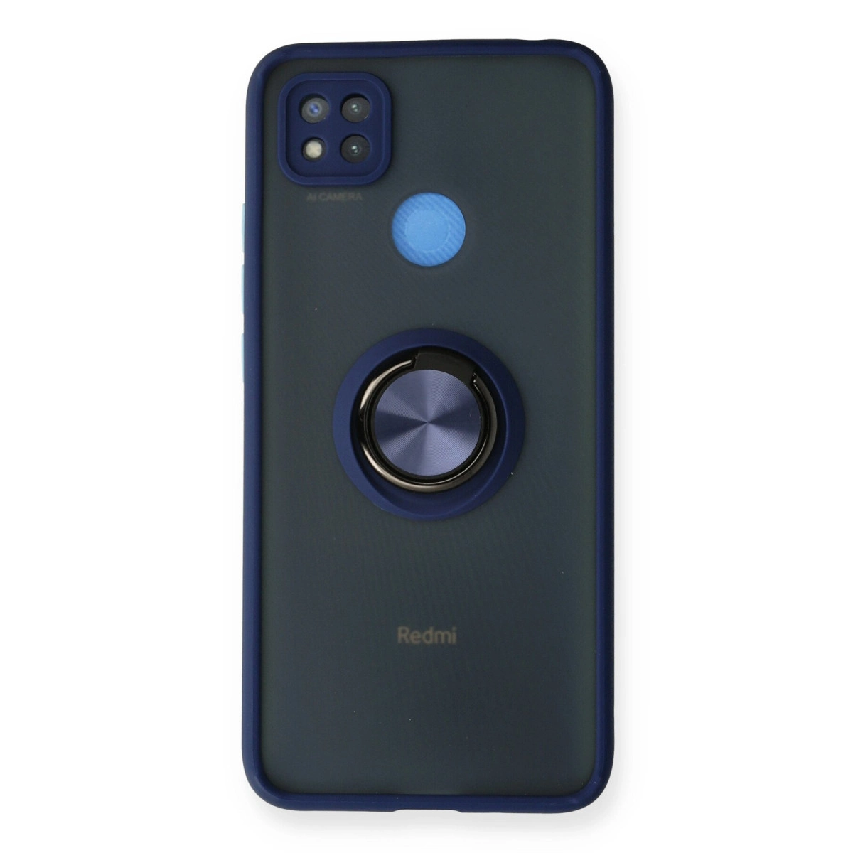 Halka tutuculu ve dörtlü kameralı koyu gri Redmi telefon kılıfı.