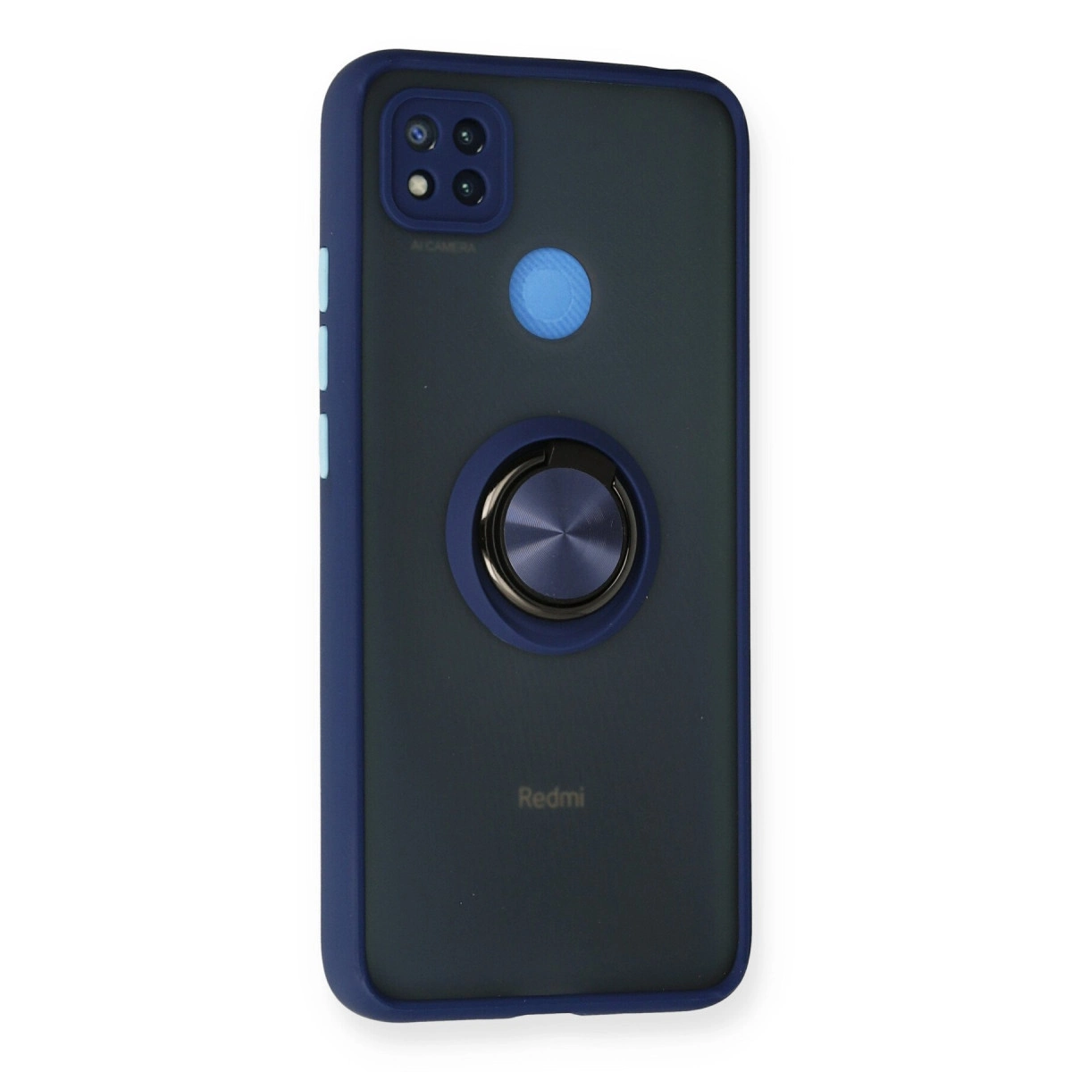 Arkada halka tutuculu ve kamera dizili koyu mavi telefon kılıfı.