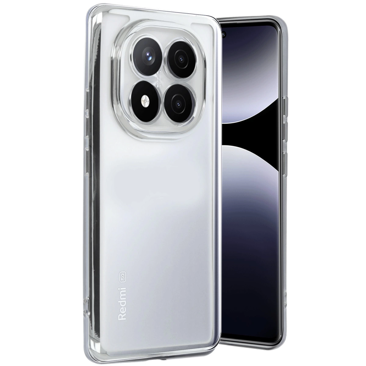 Dört kameralı ve Redmi logolu şeffaf telefon kılıfı.