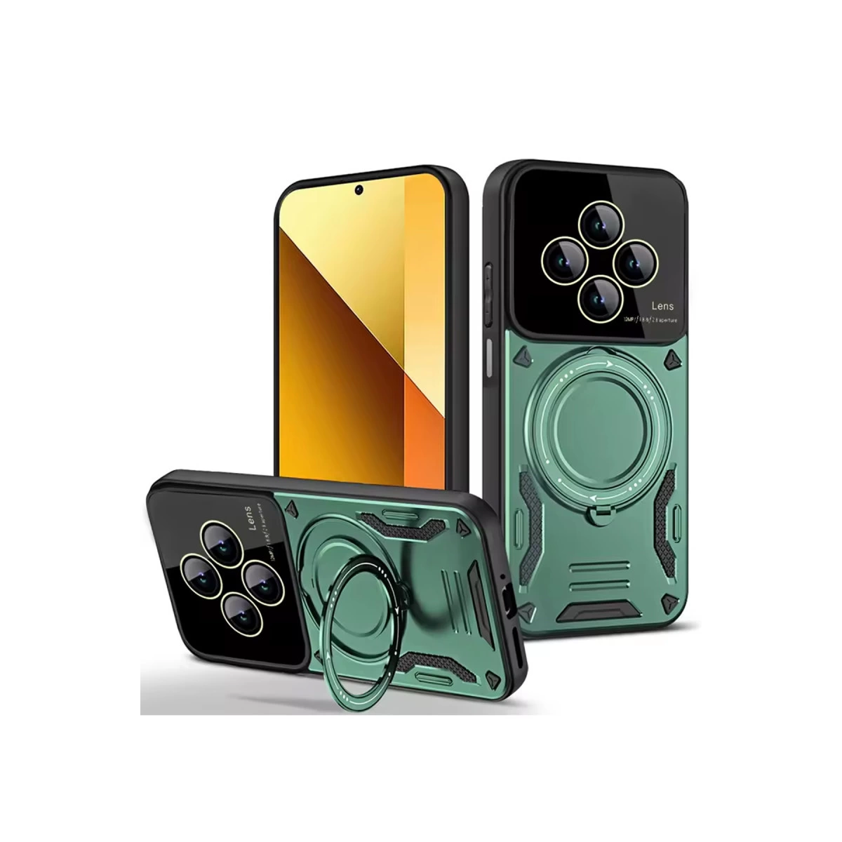 Kamera lensleri ve halka tutuculu üç yeşil telefon kılıfı.