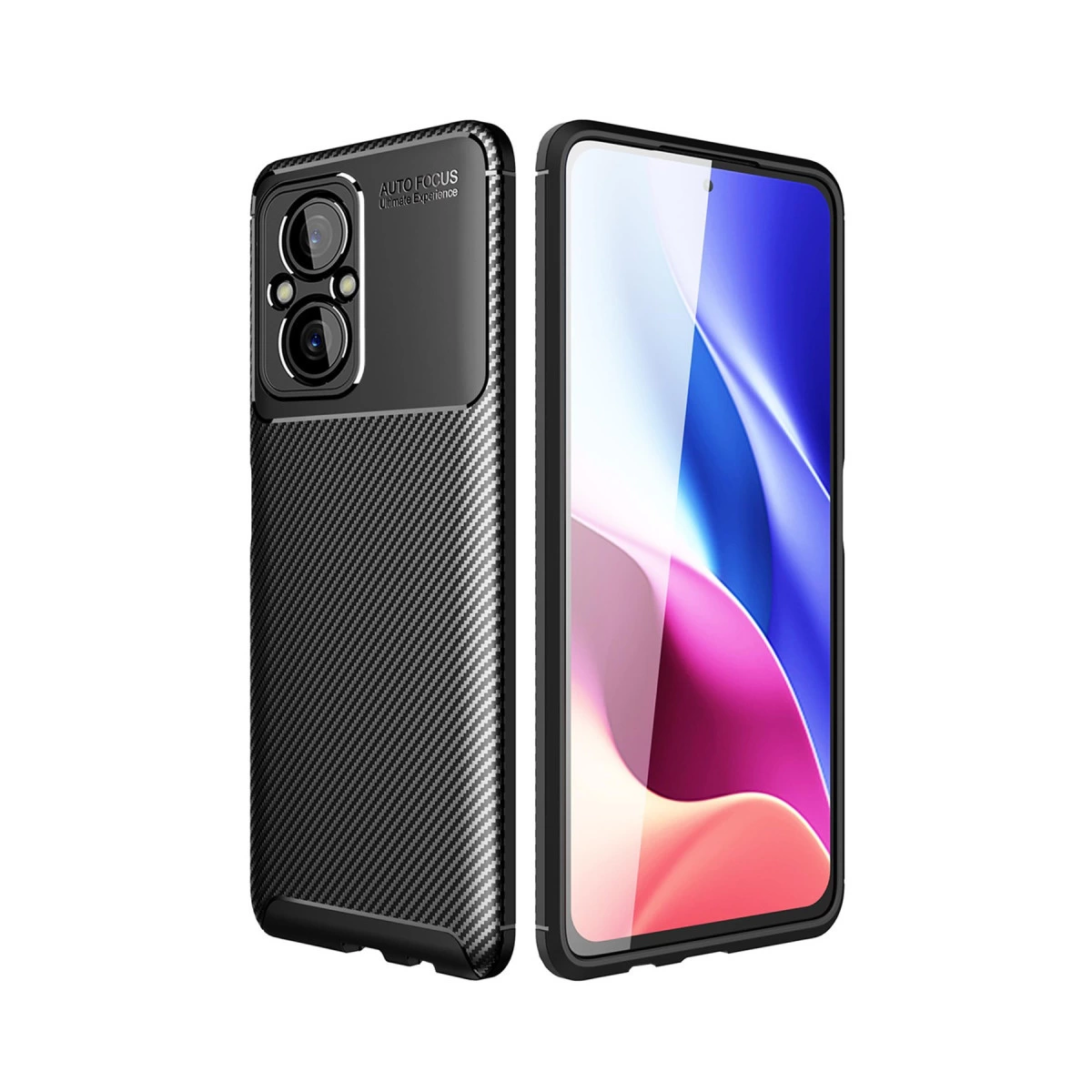 Karbon fiber desenli siyah telefon kılıfı, yanında kamera kesiği olan bir akıllı telefon.