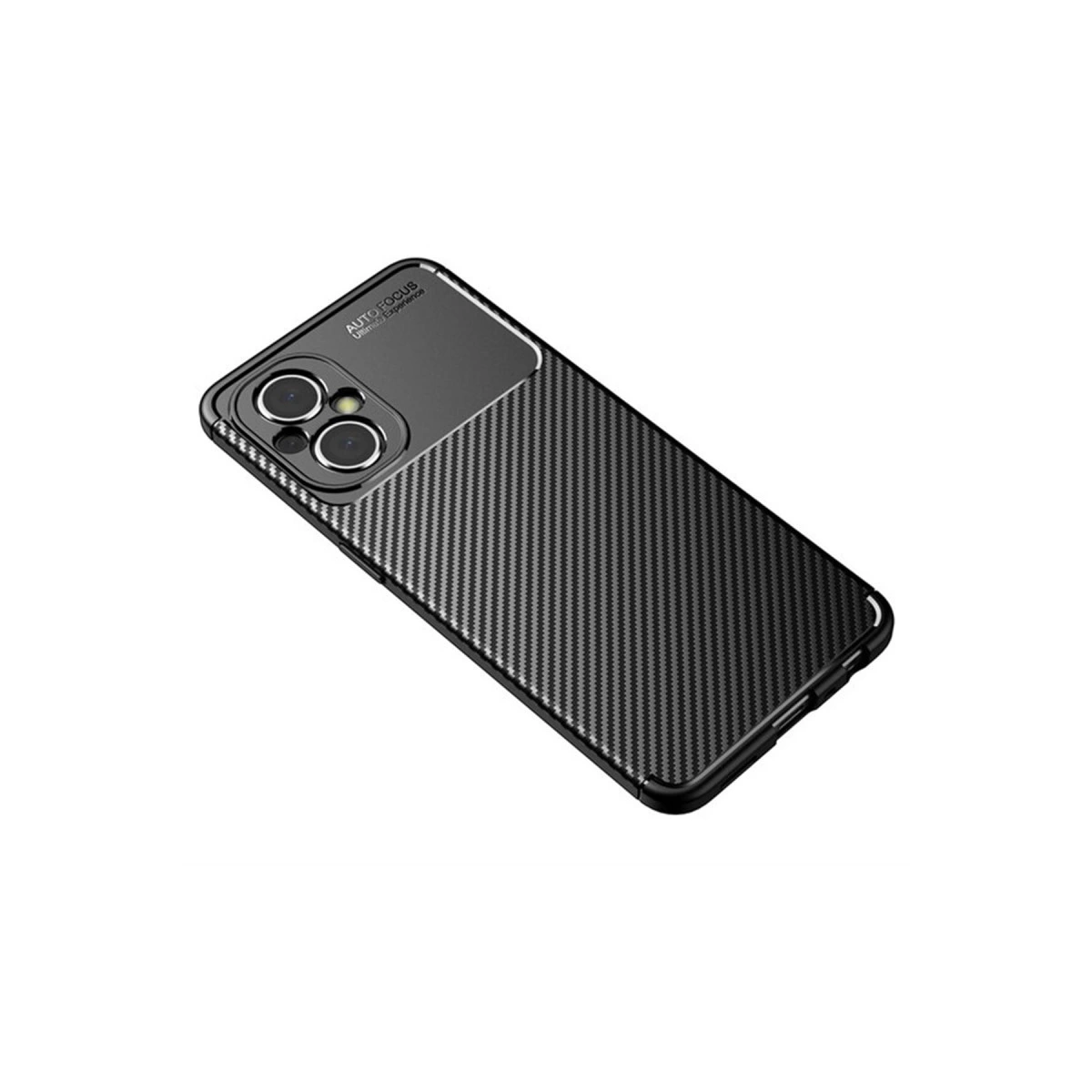 Karbon fiber desenli ve kamera kesimli siyah telefon kılıfı.