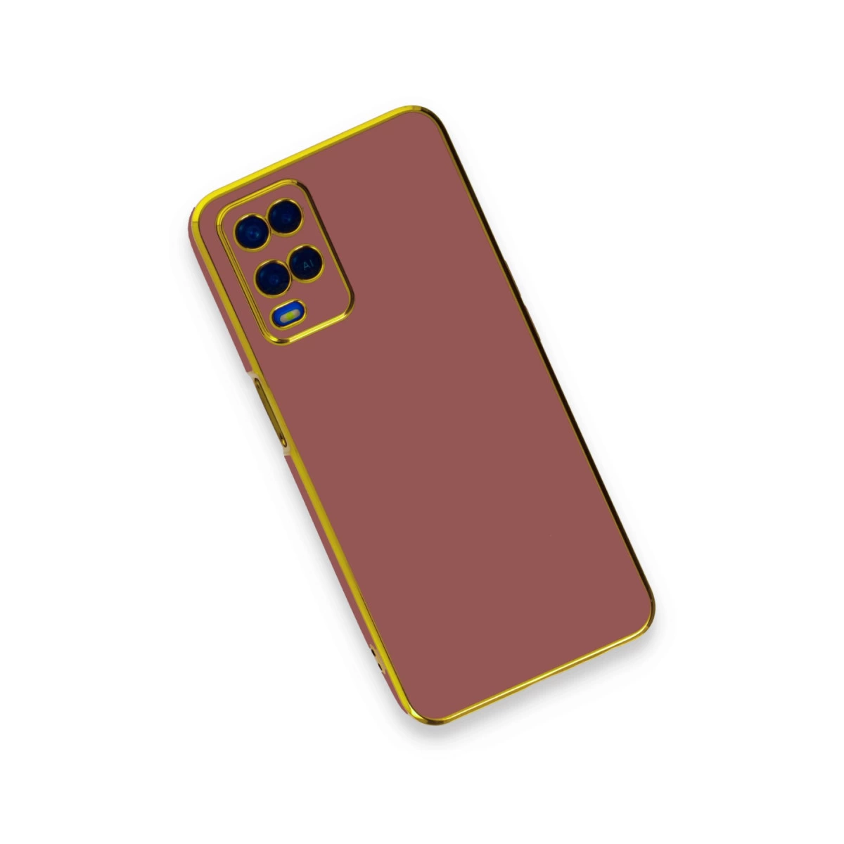 Dört kameralı kırmızı telefon, altın kenarlıklı, beyaz zeminde.