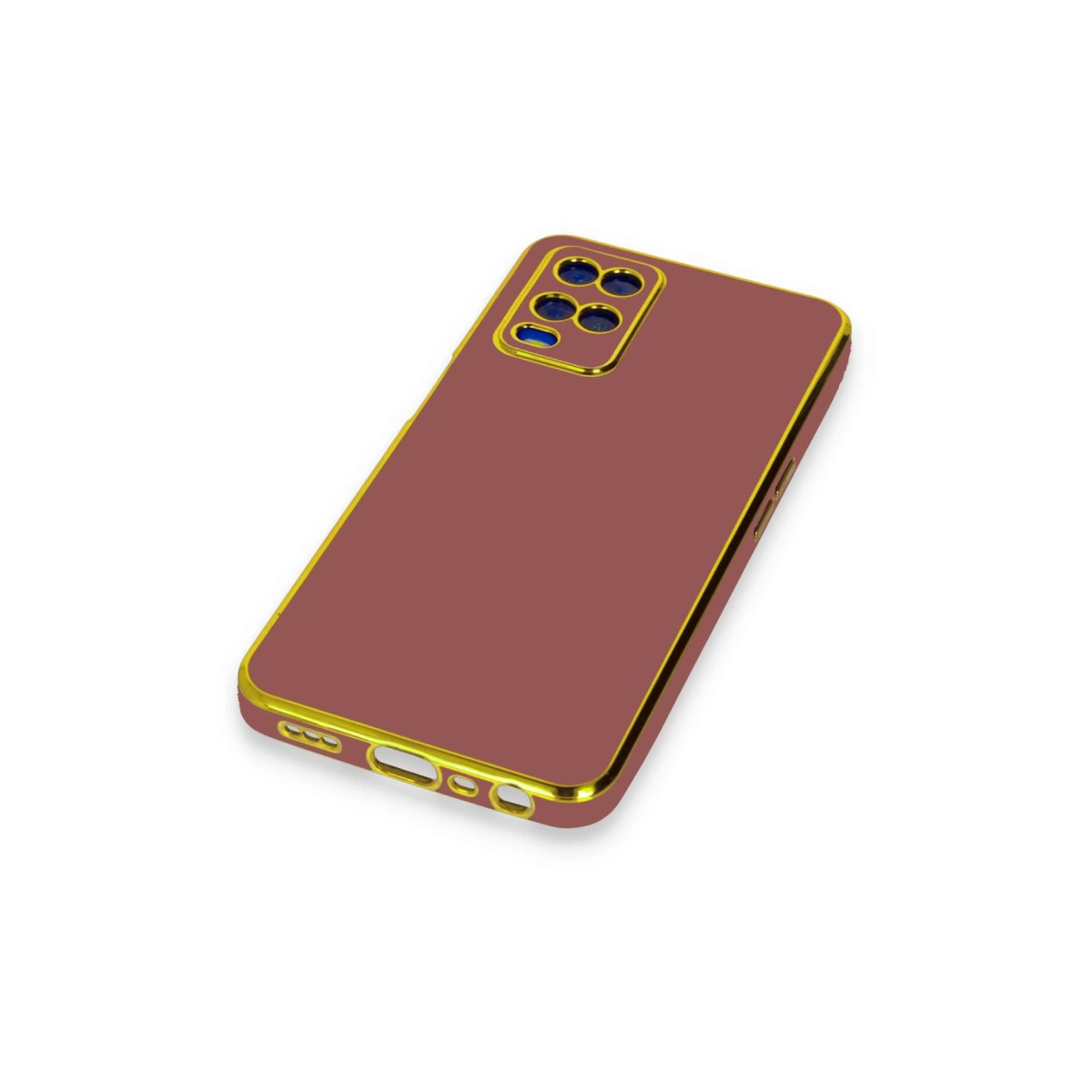 Altın çerçeveli kırmızı telefon kılıfı, beyaz arka plan üzerinde.