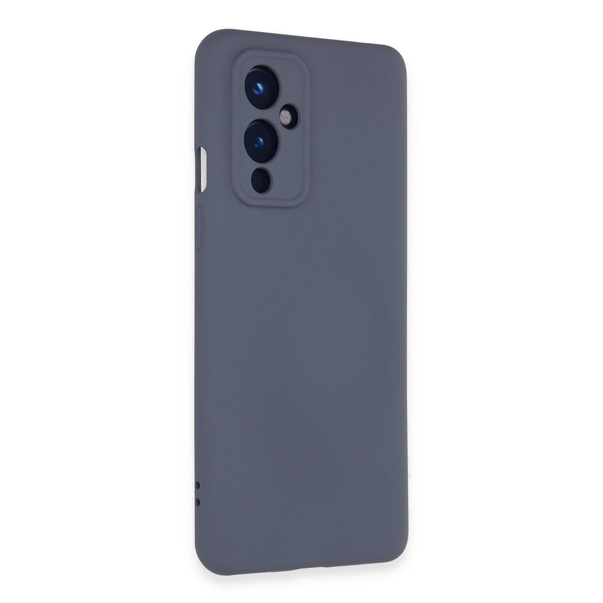 Beyaz arka plan üzerinde kamera kesimli gri telefon kılıfı.