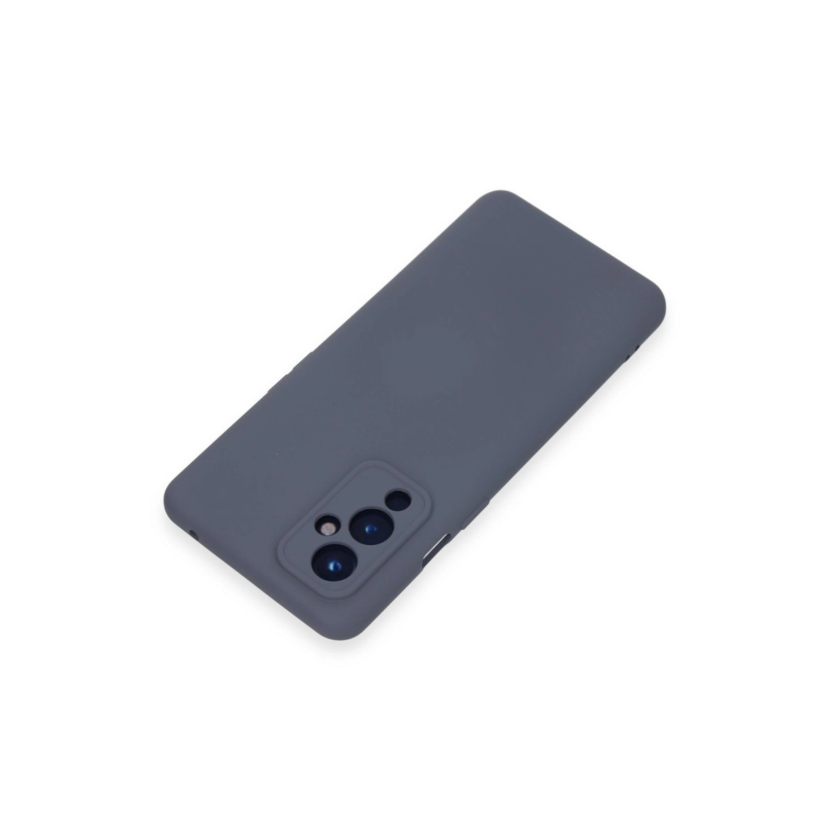 Beyaz arka plan üzerinde kamera modüllü gri telefon kılıfı.