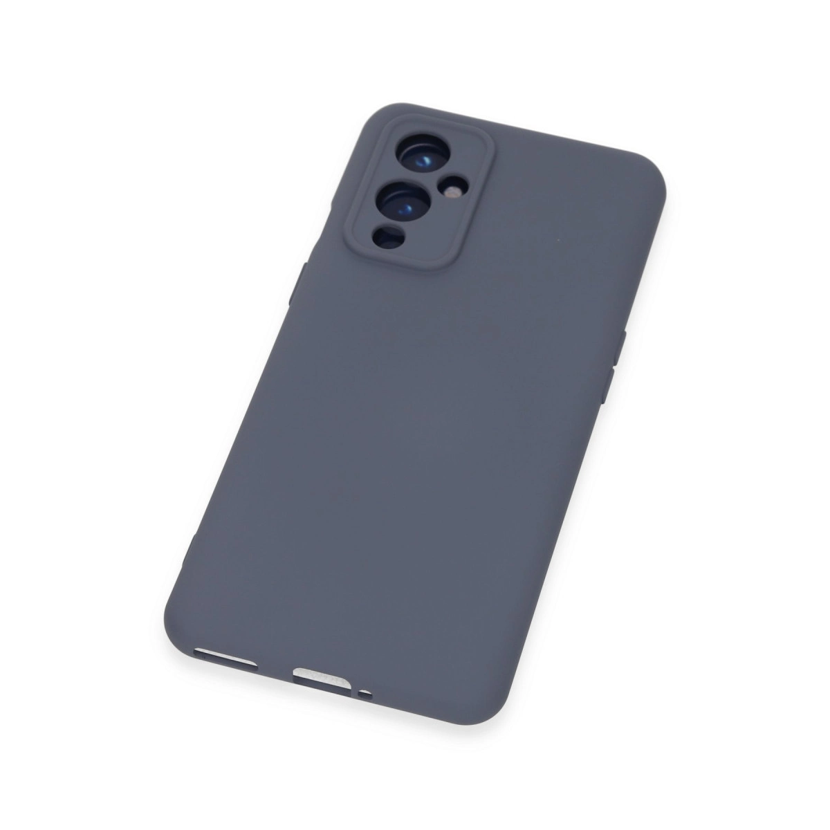 Beyaz arka plan üzerinde kamera kesimli koyu gri telefon kılıfı.