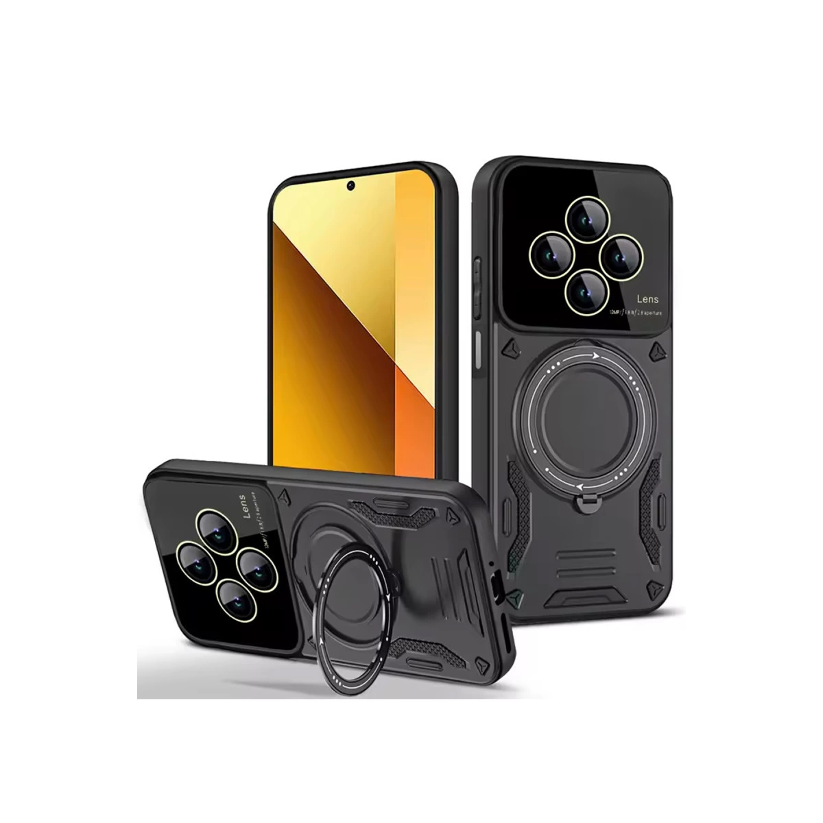 Dört kamera lensli ve halka tutuculu siyah telefon kılıfı.