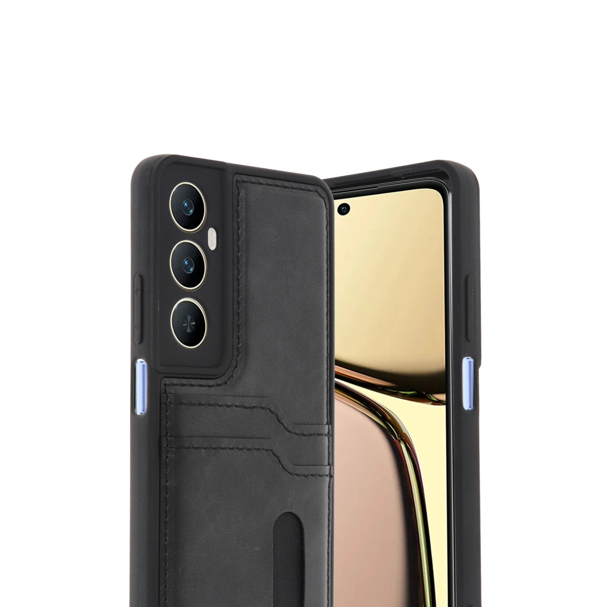 Kart yuvalı ve üç kamera lensli siyah telefon kılıfı.