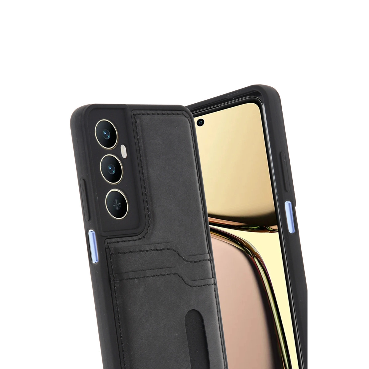 Kart yuvalı ve üç kamera lensli siyah telefon kılıfı.