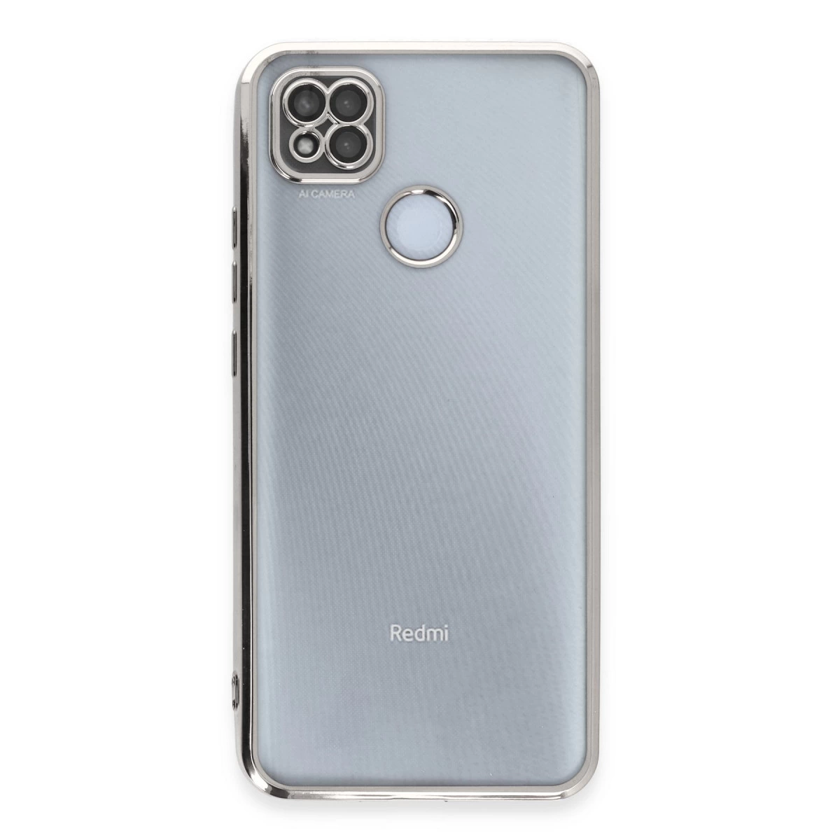 Dörtlü kamera kurulumu ve Redmi logosuna sahip gri telefon.