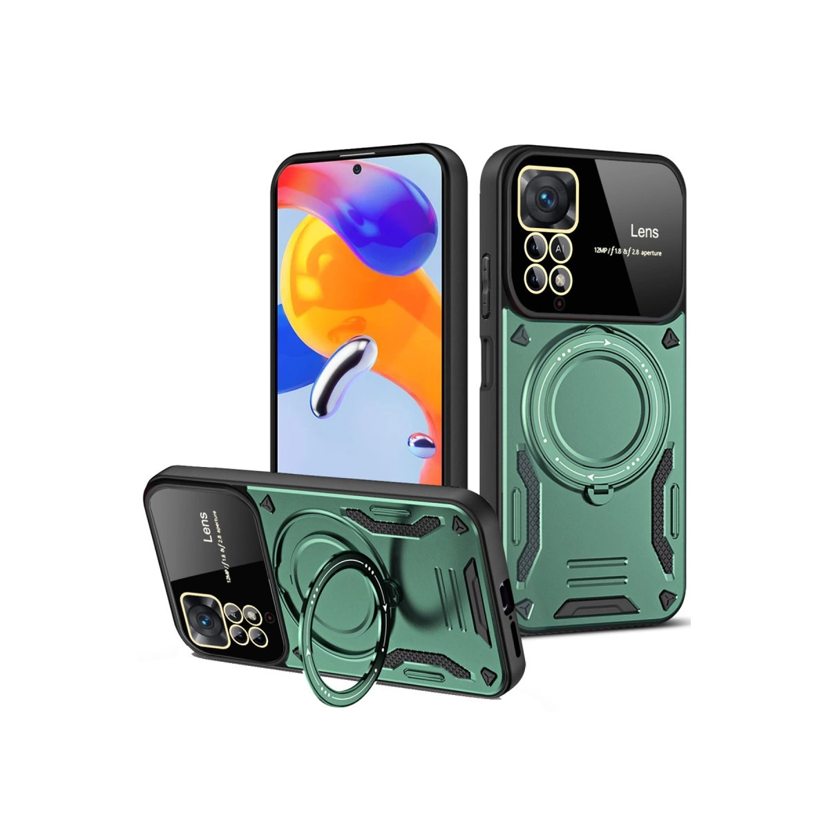 NEWFACE Xiaomi Redmi Note 12 Pro 4G Uyumlu Joy Lens Standlı Kapak Telefon Kılıfı Koyu Yeşil