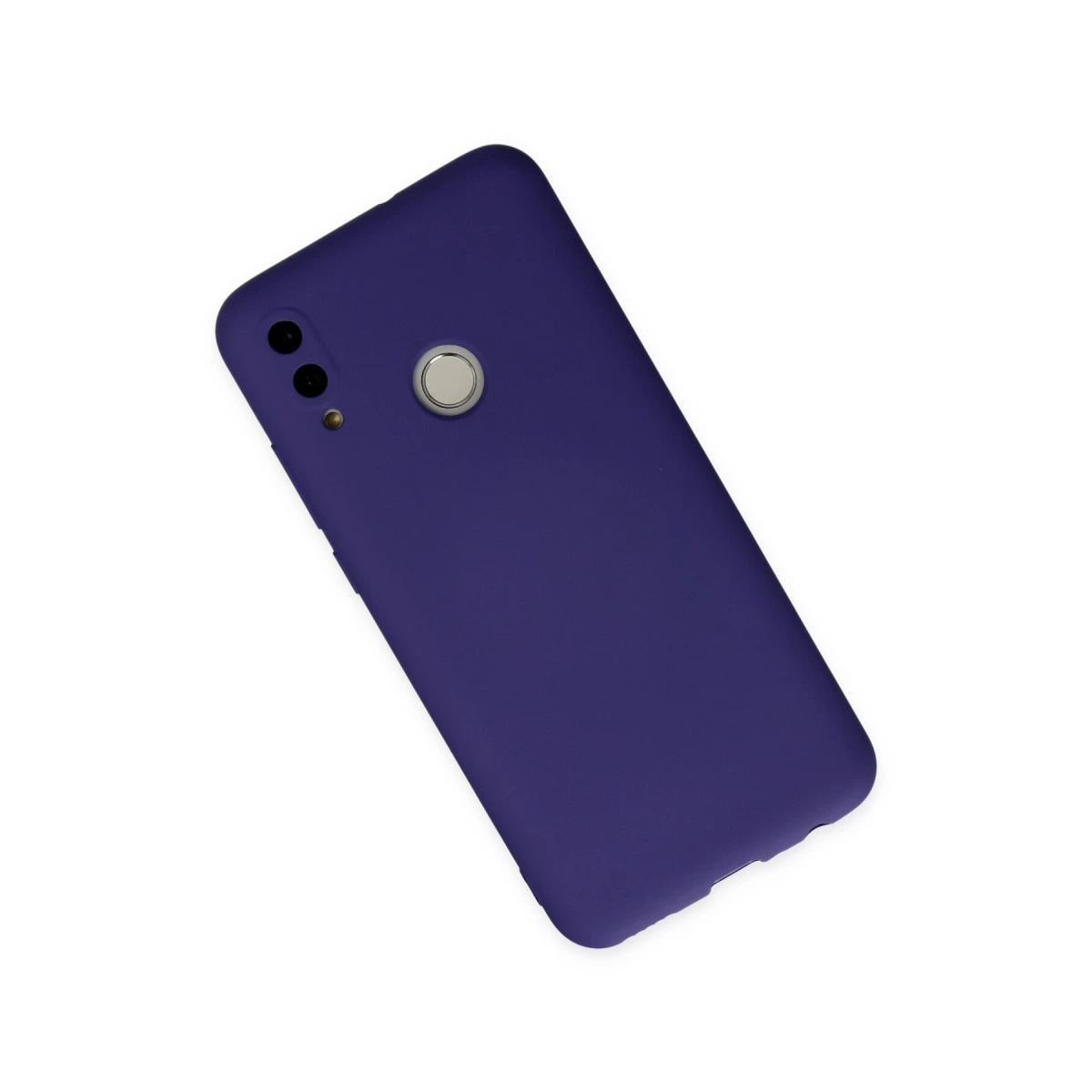 Arkada iki kamera ve parmak izi sensörü olan koyu mor telefon.